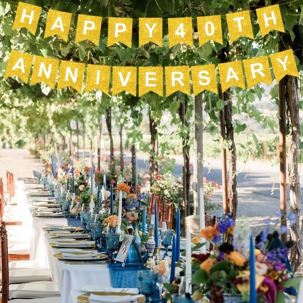 Happy 40th Anniversary Banner Gold Glitter Decorations Party Decor 10 ft